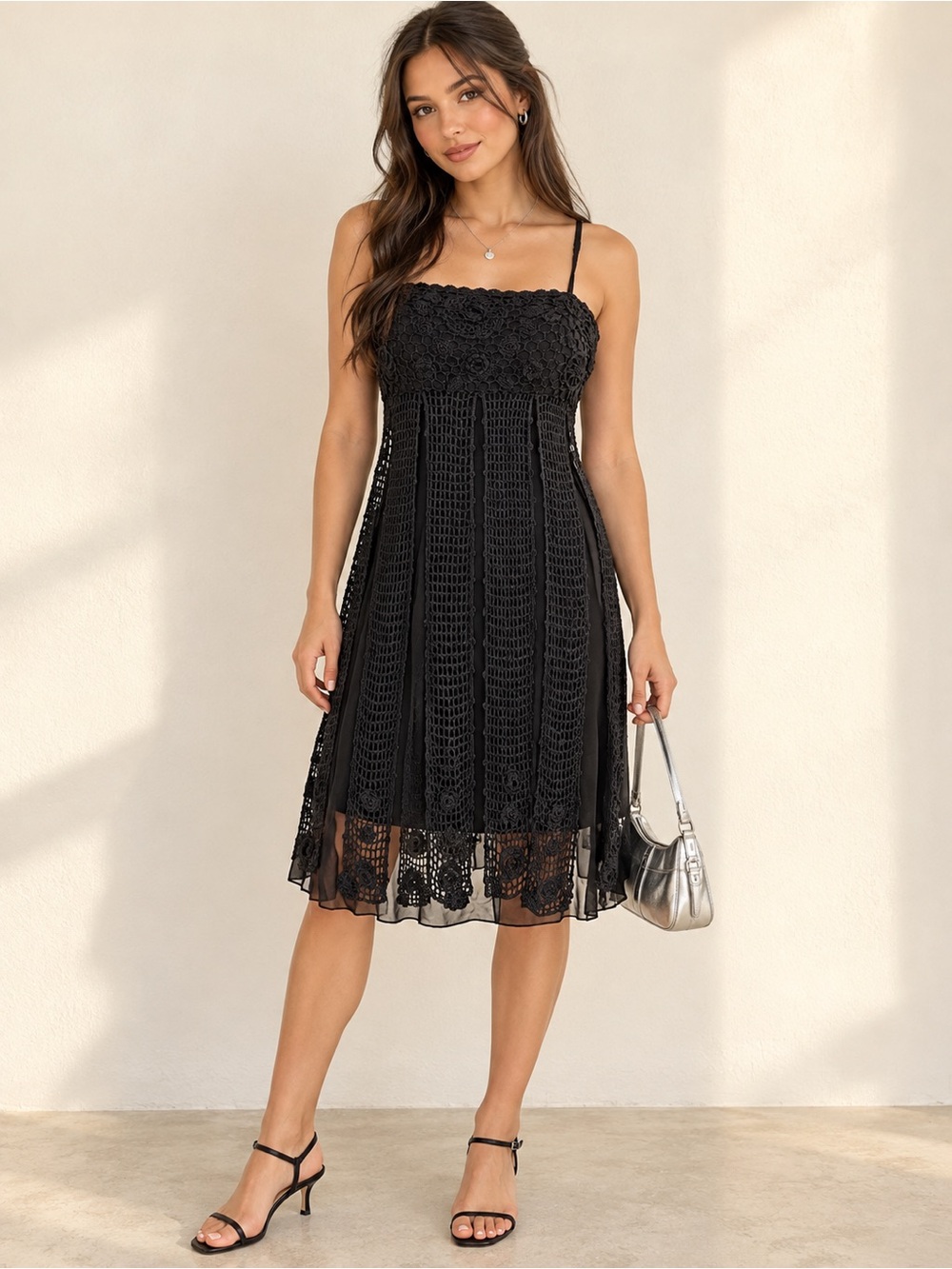 Vintage Cache Black Crochet Lace Dress Size 4 Y2K Dark Romance Fairy Gothic LBD